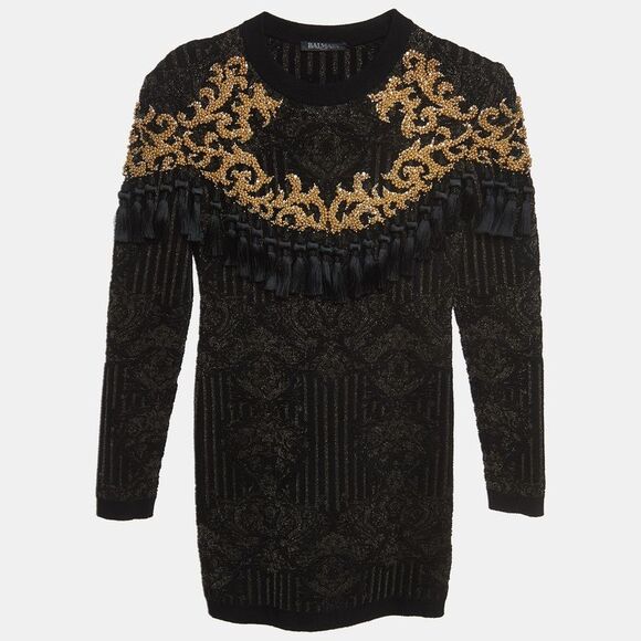 slim fit dress slacks Balmain Black & Gold Beaded V-Neck Mini Dress